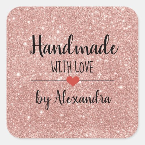 Handmade with love rose gold glitter square sticker