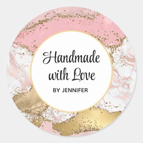 Handmade with Love Rose Gold Pink Marble Design Classic Round Sticker
