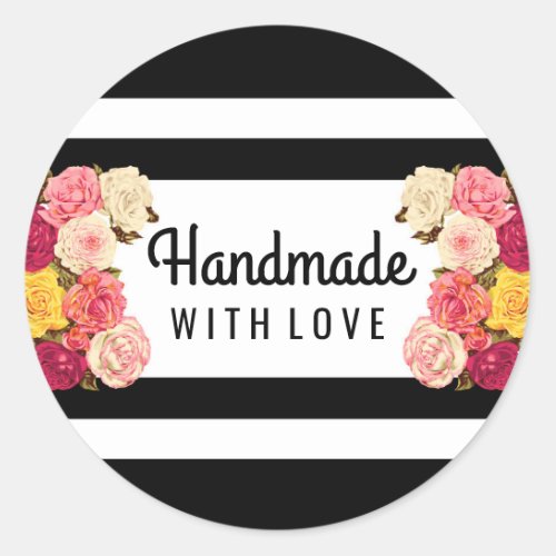 Handmade With Love Roses on Modern Black  White Classic Round Sticker