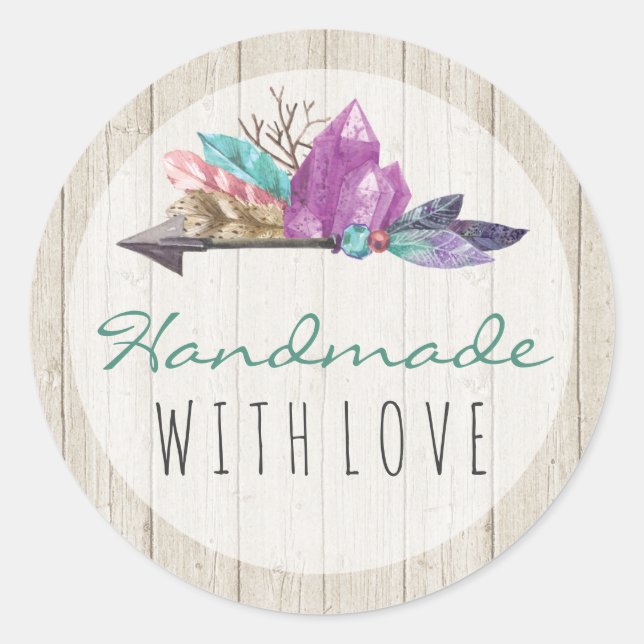Handmade With Love Rustic Bohemian Crystals Boho Classic Round Sticker (Front)