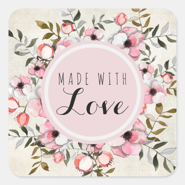 Handmade With Love Rustic Cherry Blossom Floral Square Sticker (Front)