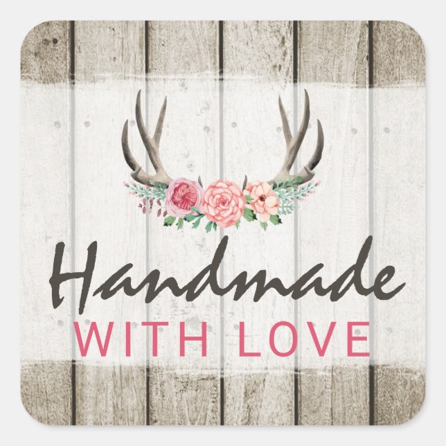 Handmade With Love Rustic Floral Antlers on Wood Square Sticker (Front)