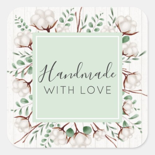 Handmade With Love Rustic Southern Cotton Flowers Square Sticker