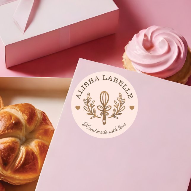Handmade With Love Rustic Wood Bakery Whisk Logo Classic Round Sticker (Creator Uploaded)