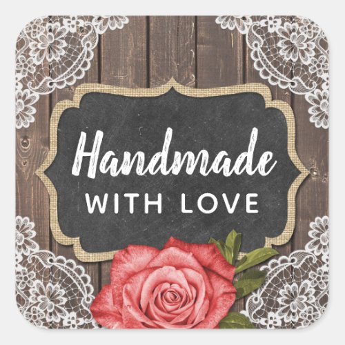 Handmade With Love Rustic Wood  Lace Chalkboard Square Sticker