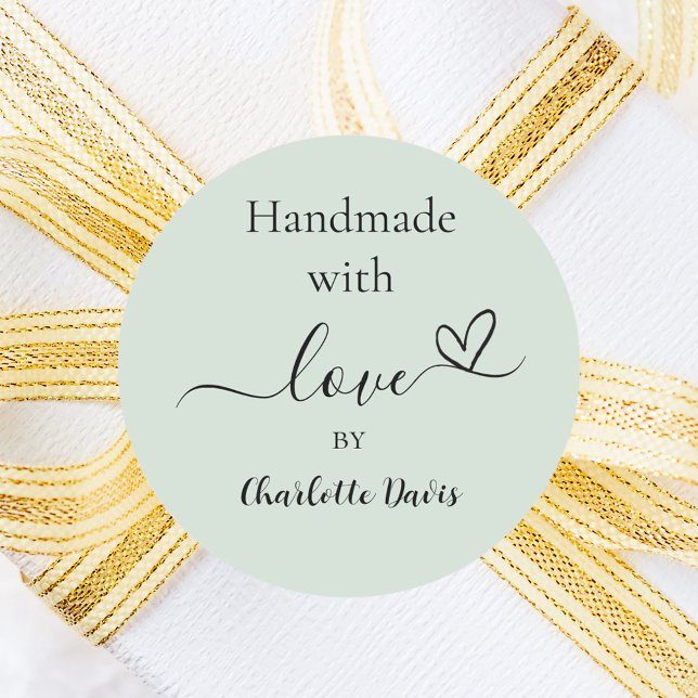 Handmade with love sage green name classic round sticker (Creator Uploaded)