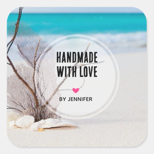 Handmade with Love Sandy Beach White Seashells Square Sticker