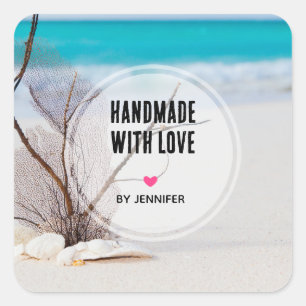Handmade with Love Sandy Beach White Seashells Square Sticker