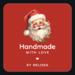 Handmade with Love Santa Claus Retro Christmas Square Sticker<br><div class="desc">Handmade with Love product stickers with a joyful illustration of a vintage style Santa Claus with red rosy cheeks. Wearing his classic red Santa hat and his big white beard. A sprig of holly adds to the festive holiday spirit of this design.</div>