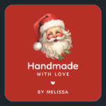 Handmade with Love Santa Claus Retro Christmas Square Sticker<br><div class="desc">Handmade with Love product stickers with a joyful illustration of a vintage style Santa Claus with red rosy cheeks. Wearing his classic red Santa hat and his big white beard. A sprig of holly adds to the festive holiday spirit of this design.</div>