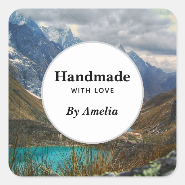 Handmade with Love Scenic Alpine Mountains Photo Square Sticker (Front)