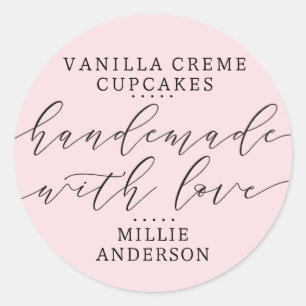 Handmade with Love Script Heart Business   Pink  Classic Round Sticker