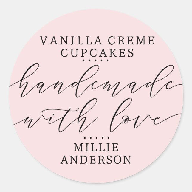 Handmade with Love Script Heart Business | Pink  Classic Round Sticker (Front)