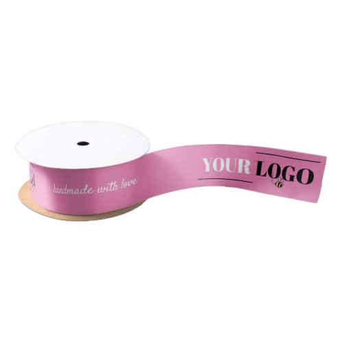 Handmade with Love Script My Logo Custom Pink Satin Ribbon