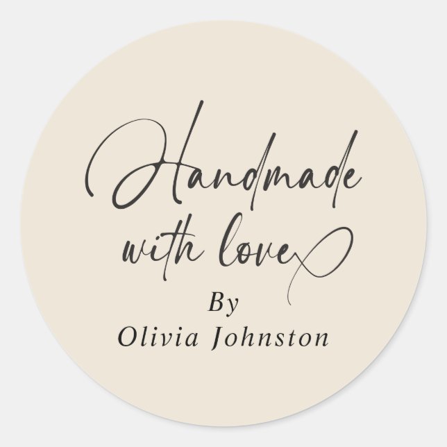 Handmade With Love Script Small Business | Ecru Classic Round Sticker (Front)