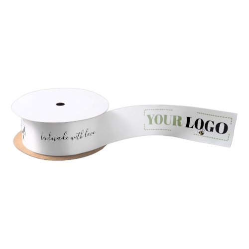 Handmade with Love Script Your Business Logo White Satin Ribbon