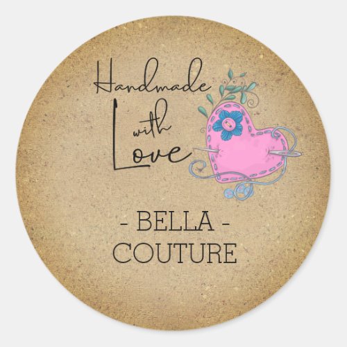 Handmade with Love Sewing Theme Custom Kraft Look Classic Round Sticker