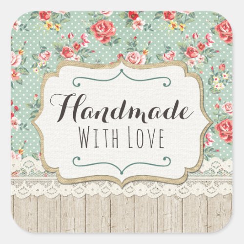 Handmade With Love Shabby Chic Roses Lace  Burlap Square Sticker