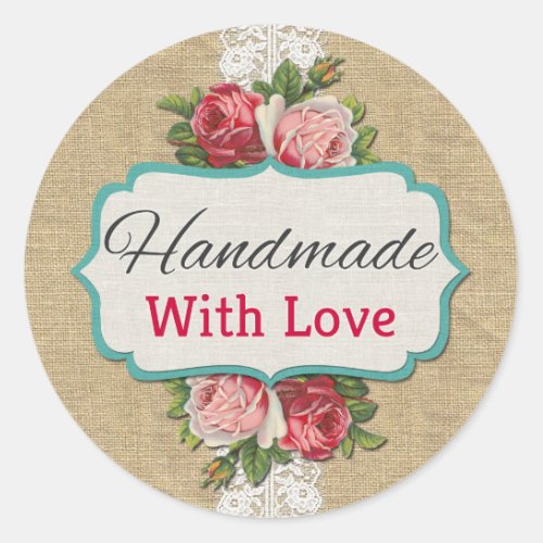 Handmade With Love Shabby Chic Roses Vintage Lace Classic Round Sticker