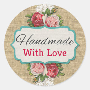 Handmade With Love Shabby Chic Roses Vintage Lace Classic Round Sticker