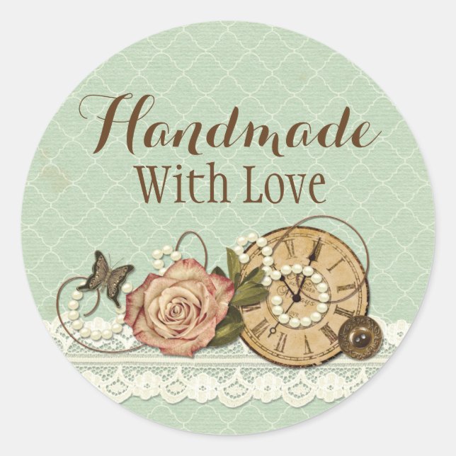 Handmade With Love Shabby Chic Rustic Jewelry Classic Round Sticker (Front)