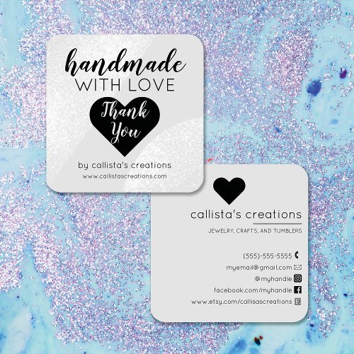 Handmade With Love Silver Gray Glitter Geo Heart Square Business Card