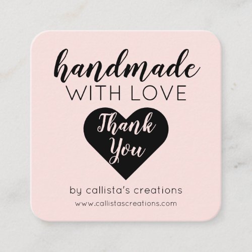 Handmade With Love Simple Pink Black Heart Square Business Card