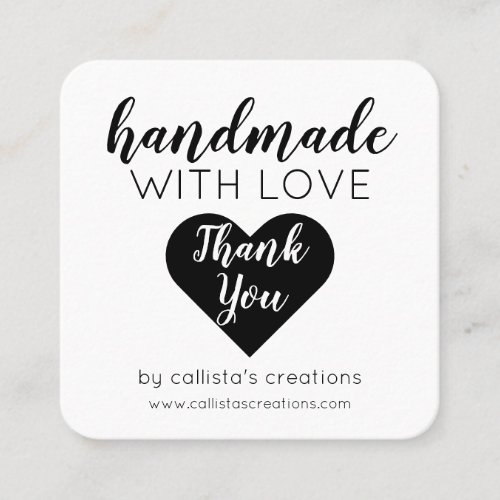 Handmade With Love Simple White Black Heart Square Business Card