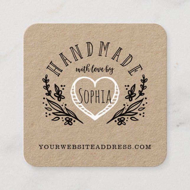 Handmade with Love Sketched Florals & Heart Square Business Card (Front)