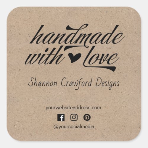 Handmade with Love Social Media Vintage Kraft Square Sticker