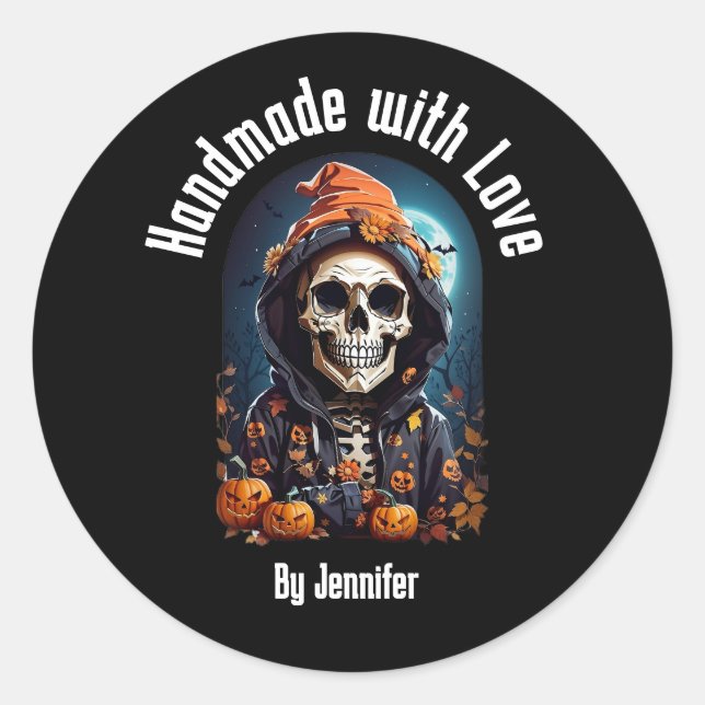 Handmade with Love Spooky Skeleton with Pumpkins Classic Round Sticker (Front)