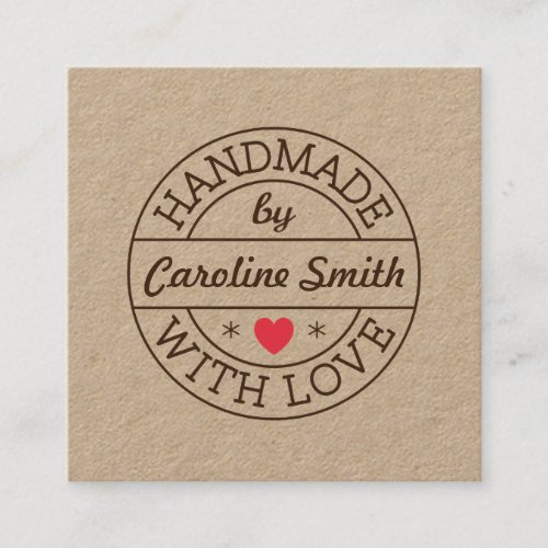 Handmade with love stamp with name kraft paper square business card