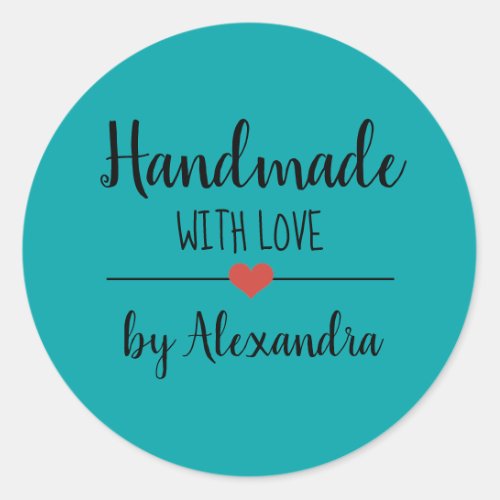 Handmade with love teal script classic round sticker