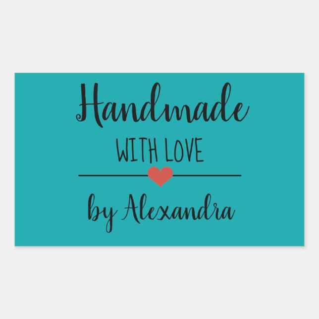 Handmade with love teal script name rectangular sticker (Front)