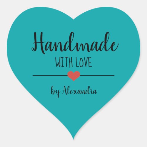 Handmade with love teal script personalized  heart sticker