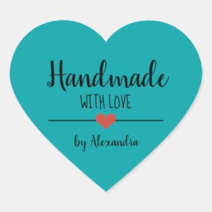 Handmade with love teal script personalized heart sticker