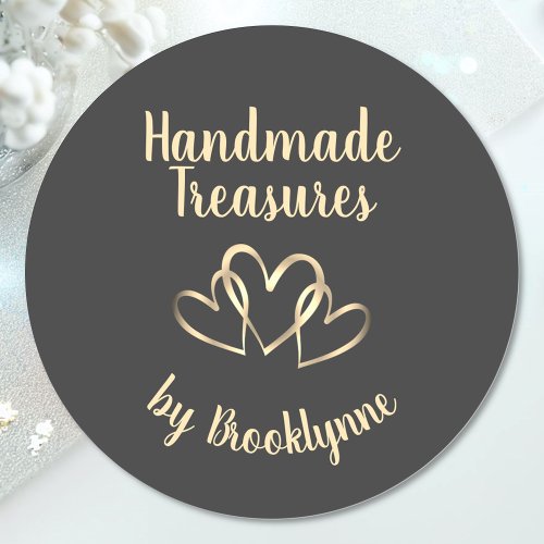 Handmade with Love Template Stylish 3 Gold Hearts  Classic Round Sticker
