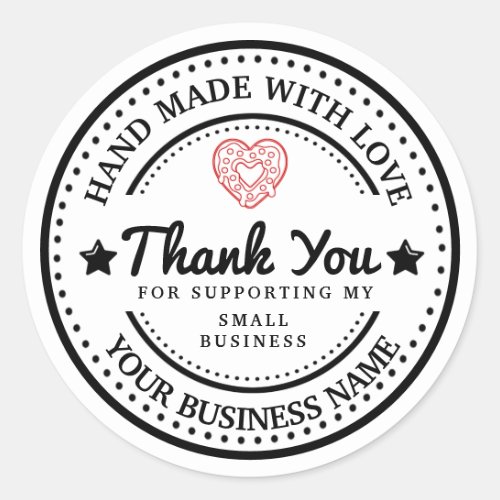 Handmade with love  thank you  black and white  classic round sticker