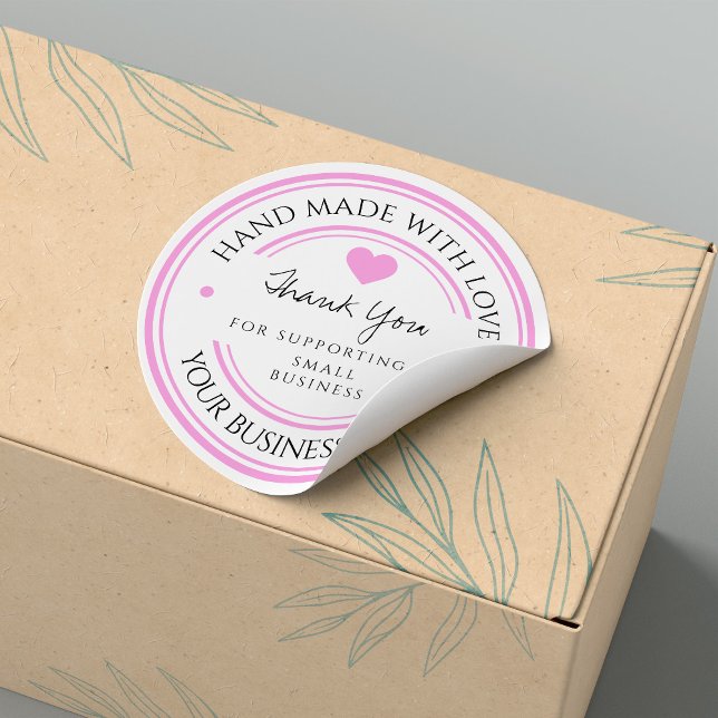 handmade with love | thank you black pink sticker (handmade with love | thank you Classic Round Sticker. #pinkthankyou #supportbusiness #modern #simple)