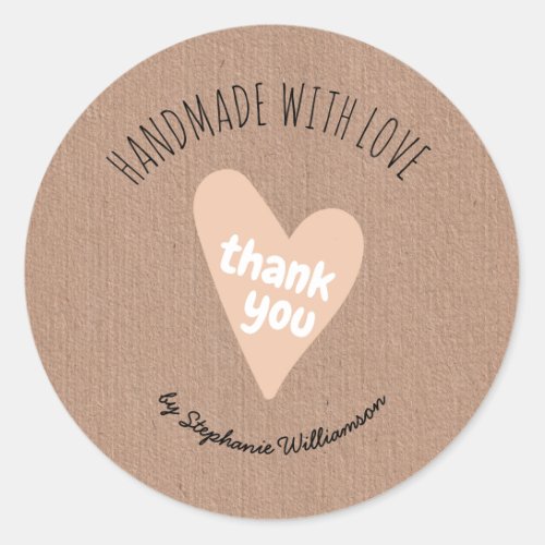Handmade with Love Thank You  Heart Kraft Paper   Classic Round Sticker