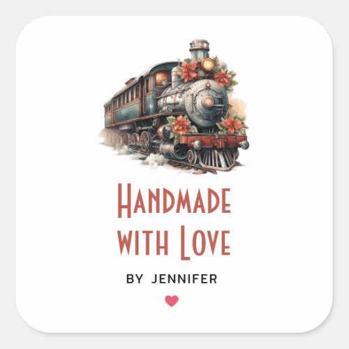 Handmade with Love Vintage Steam Train Christmas Square Sticker