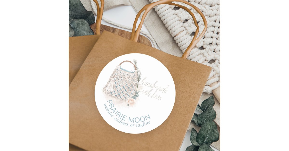 Handmade with Love Watercolor Macrame Bag Custom Classic Round Sticker ...
