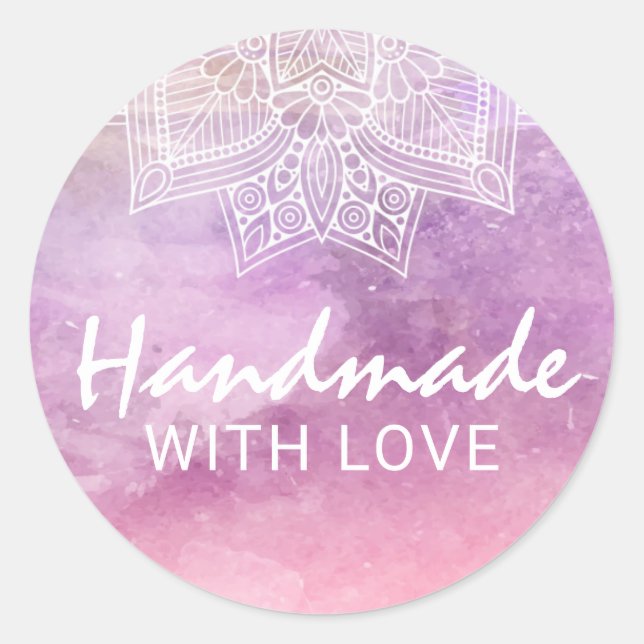 Handmade With Love Watercolor Mandala Crafts Classic Round Sticker (Front)