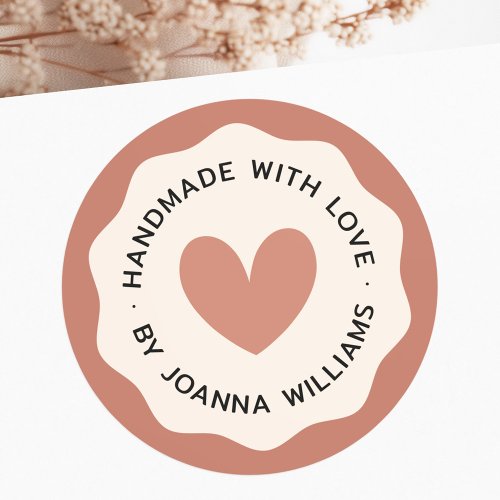 Handmade with love wavy border terracotta cream classic round sticker