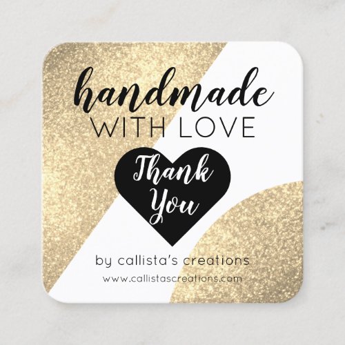 Handmade With Love White Gold Glitter Geo Heart Square Business Card