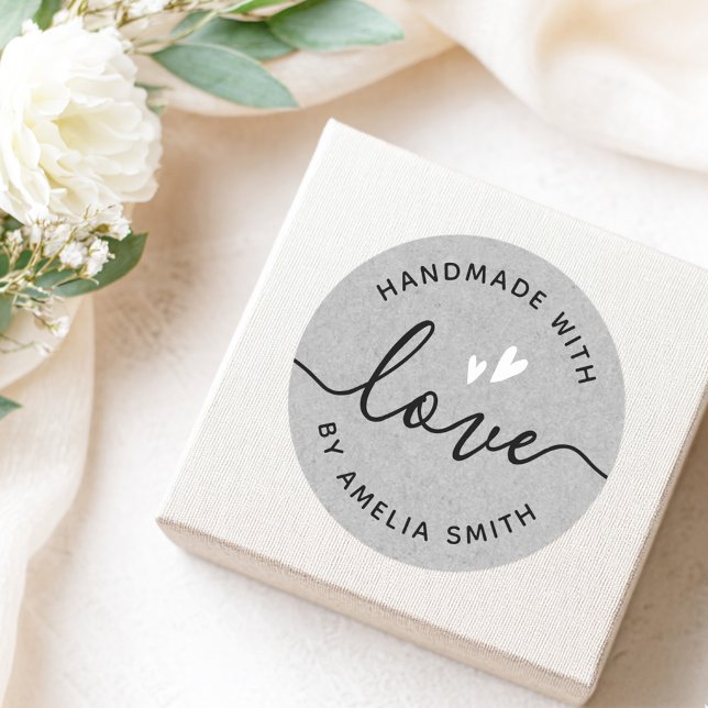 Handmade with love white hearts name gray paper classic round sticker (Handmade with love white hearts name gray paper classic round sticker)