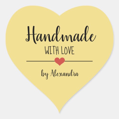 Handmade with love yellow script personalized  heart sticker