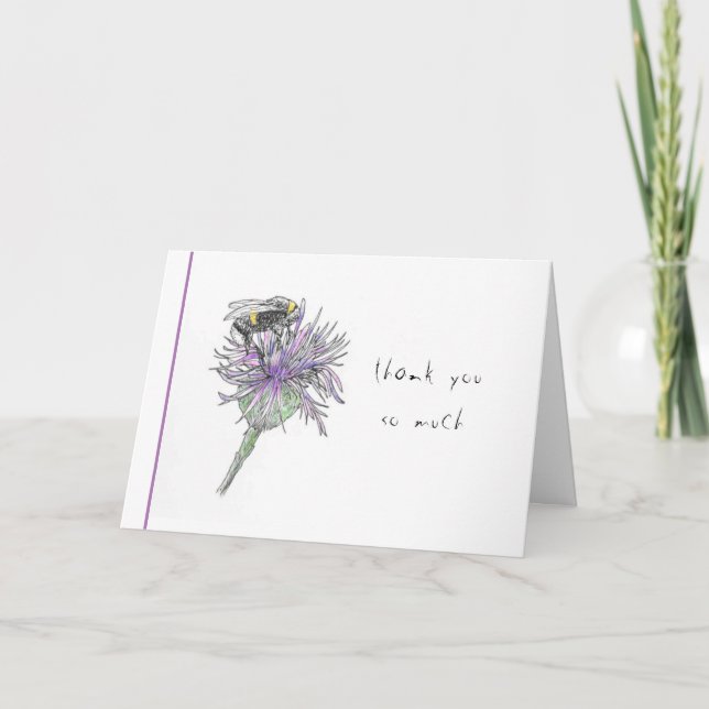 Handpainted Bee on Thistle Thank You Card (Front)