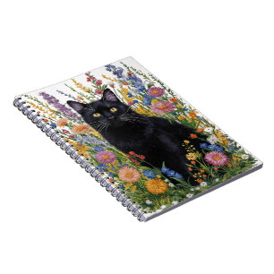 Handpainted Black Cat & Floral Embroidery Art Notebook