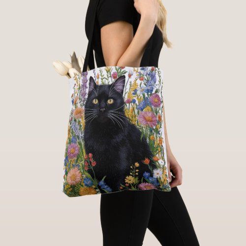  Handpainted Black Cat  Floral Embroidery Art  Tote Bag